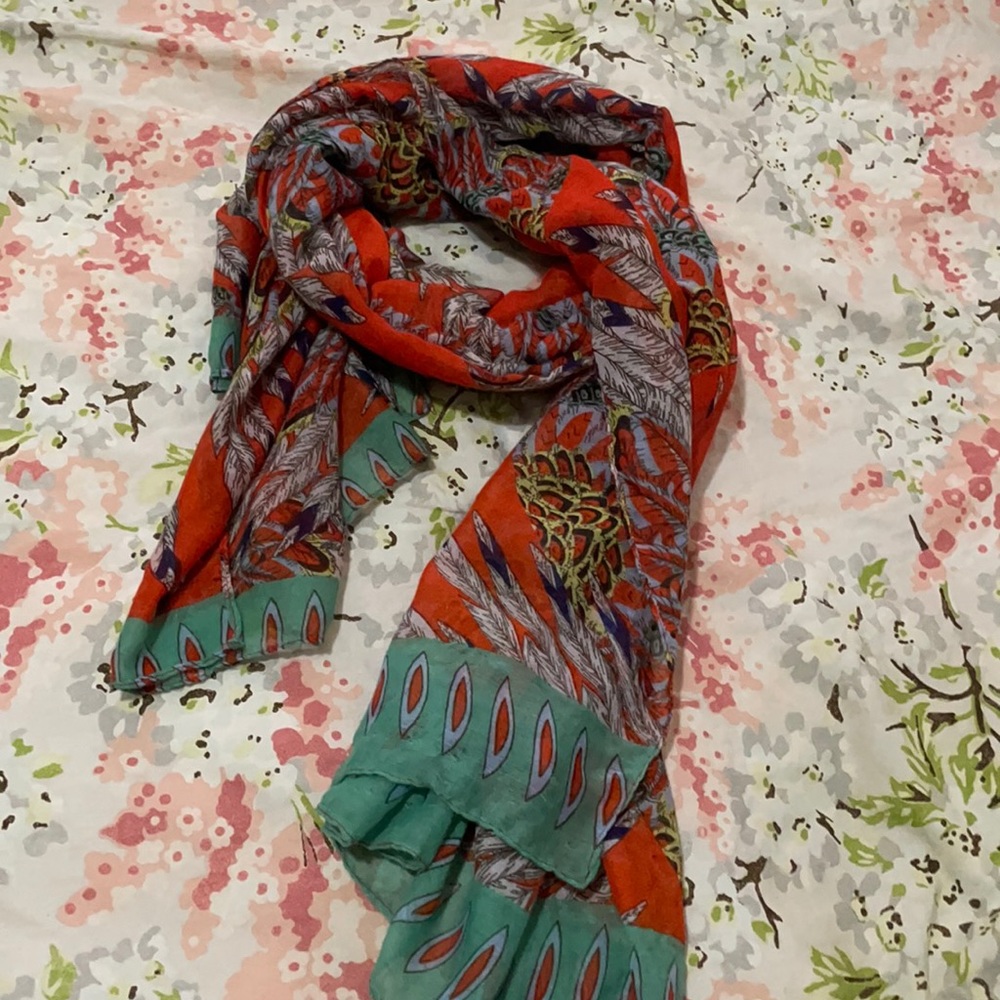Red & turquoise scarf with feathers